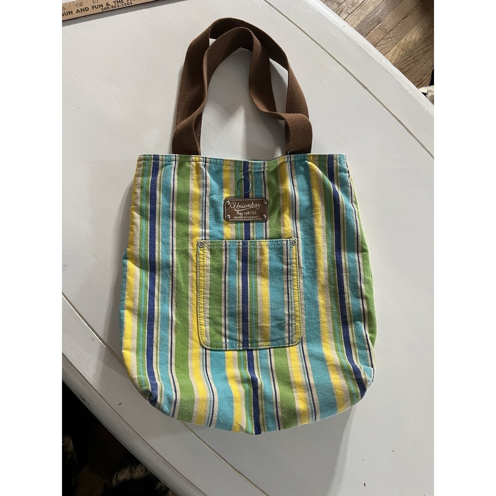 Unionbay Reversible Teal Striped Canvas Tote Bag With Front Pocket Web Straps